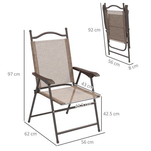 Outsunny Folding Chairs Set of 2, Garden Chair with Armrest, Breathable Mesh Fabric Seat, Camping Sports Chairs for Adults, Mixed Brown