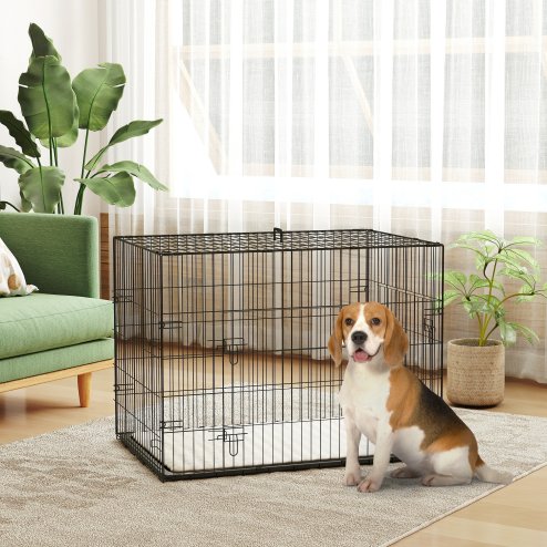 PawHut Dog Crate, Folding Metal Dog Cage with Two Doors, Tray, Soft Cushion, for Large Dogs, 91 x 62 x 68 cm, Black