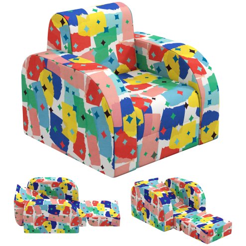 AIYAPLAY Kids Armchair, 2 in 1 Foldable Toddler Chair, Soft Snuggle Sponge Filled Recliner, for Bedroom Playroom Living Room, for Boys & Girls 18 Months to 3 Years - Multicoloured