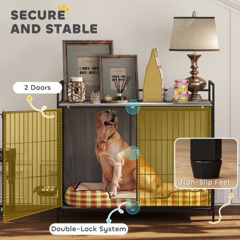 PawHut Dog Crate Furniture with 2 Rotatable Bowls, Dog Crate End Table with 2 Anti-Escape Doors, Storage Shelf, for Large Dogs, 100 x 60 x 88 cm, Grey