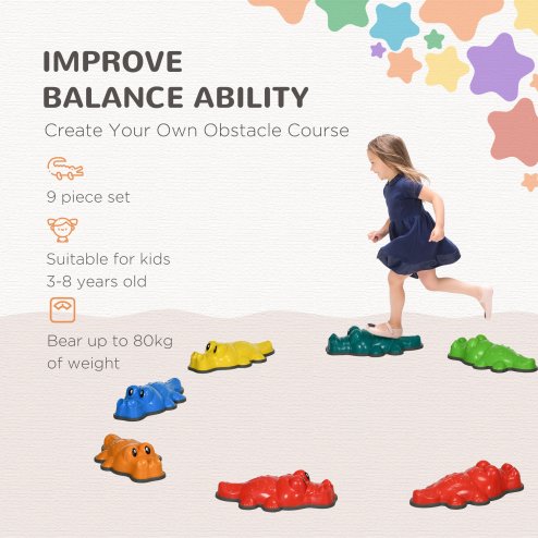 ZONEKIZ Kids Stepping Stones, 9PCs Balance River Stones, Crocodile-Designed Sensory Toy with Anti-Slip Edge, Indoor Outdoor Obstacle Courses, Stackable