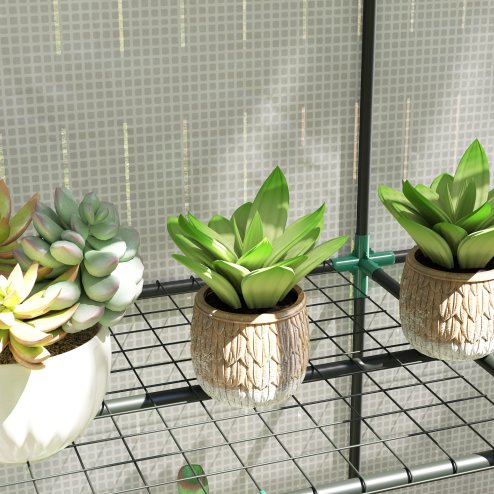 Outsunny 3 Tier Lean-to Mini Greenhouse with Reinforced PE Cover, Portable Small Greenhouse with Roll-Up Door, Grey Hemmed Edging, 144 x 48 x 152cm, White