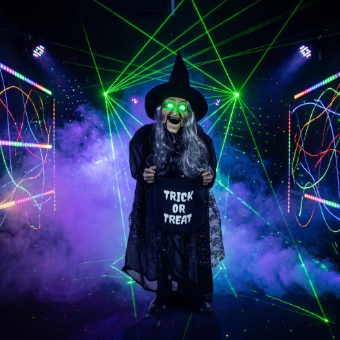 HOMCOM 94cm Animated Witch Halloween Decorations Outdoor Indoor, Scary Halloween Animatronics Decor with Sound Touch Activated, Candy Bag Prop with Light Up Eyes for House Garden Party