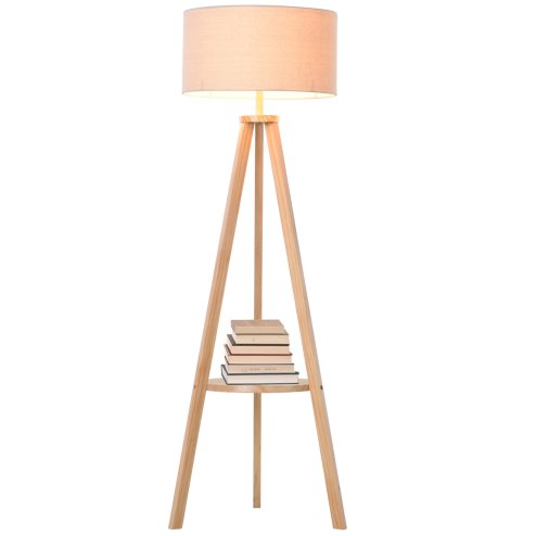 HOMCOM Tripod Floor Lamp, Freestanding Bedside Light Reading Light with Storage Shelf and Linen Shade for Living Room Bedroom, 154cm, Cream