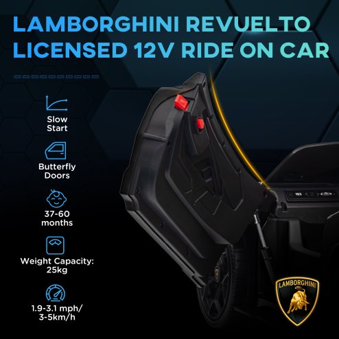 AIYAPLAY Lamborghini Revuelto Licensed Electric Car for Kids with Butterfly Doors, 12V Kids Electric Ride On with Suspension, Remote Control, LED Lights, Horn, USB, MP3 for 3-5 Years, Black