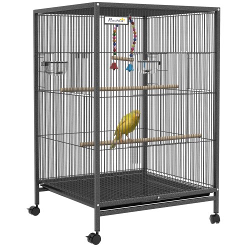 PawHut Bird Cage, Budgie Cage, Parrot Cage, with Rolling Stand, Stainless Steel Bowls, Swings, Removable Tray for Small Parrot, Budgie, Lovebird - Grey