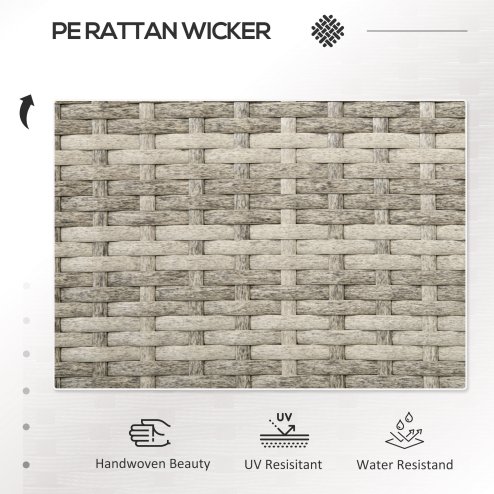 Outsunny 2 Seat Rattan Garden Bench, Patio Wicker Chair with Glass Tea Table, Outdoor Love Seat with Padded Cushions, for Garden, Porch, Mixed Grey/Grey