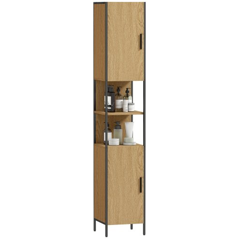 HOMCOM Tall Bathroom Cabinet, Slim Bathroom Storage Cabinet with 2 Doors, Open Compartments and Adjustable Shelves, Freestanding Storage Cupboard, 33 x 33 x 185 cm, Natural Wood Finish