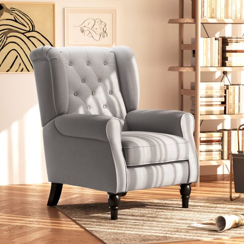 HOMCOM Retro Accent Chair, Linen Wingback Armchair with Wood Frame Button Tufted Design for Living Room Bedroom, Grey