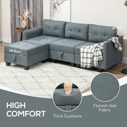 HOMCOM Convertible Modular Sectional Sofa with Storage, Tufted 3 Seater Sofa Set, L Shaped Couch with Ottoman, Wood Frame for Living Room, Dark Grey