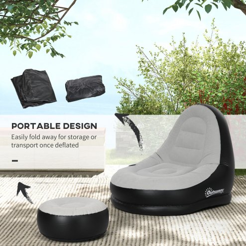 Outsunny Inflatable Chair and Footstool, Inflatable Sofa Lounger with Soft Plush Fabric and Cup Holder, for Camping, Gaming, Reading and Movie Watching, Grey