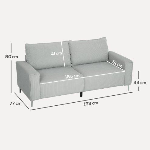 HOMCOM Modern 3 Seater Sofa with Spring Cushion, 193cm Fabric Sofa Couch with Back Pillows, Upholstered Corduroy Settee for Living Room, Bedroom, Home Office, Light Grey