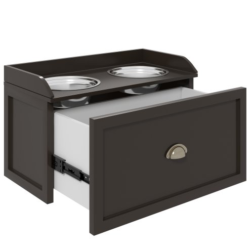 PawHut Stainless Steel Raised Dog Bowls, Double Dog Food and Water Bowl w/ 21L Storage Drawer, for Large Dogs - Brown
