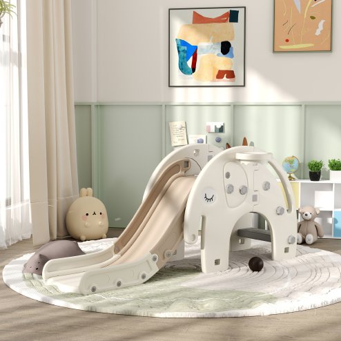 AIYAPLAY Kids Slide, 3 in 1 Toddler Slide with Basketball Hoop, Climber, Elephant-Themed Indoor Slide for 1-3 Years, Cream White