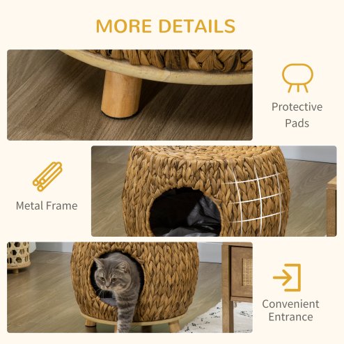 PawHut Wicker Cat House Stool for Rest, Rattan Kitten Bed for Indoor and Outdoor Use, Elevated Pet Bed with Soft Washable Cushion 44 x 43 x 41 cm