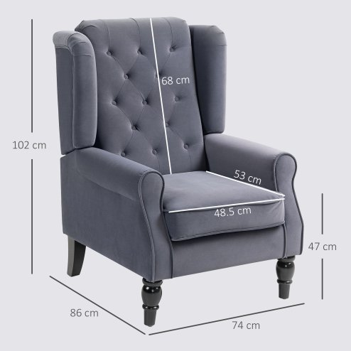 HOMCOM Retro Accent Chair, Velvet Wingback Armchair with Wood Frame Button Tufted Design for Living Room Bedroom, Charcoal Grey