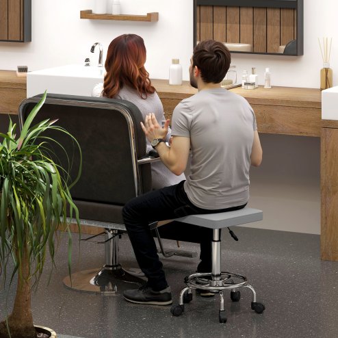 HOMCOM Square Rolling Stool, Height Adjustable PU Leather Salon Chair with Padded Seat and Foot Rest, Swivel Beauty Stool on Wheels for Spa Drafting Salon Tattoo Work Massage, Grey