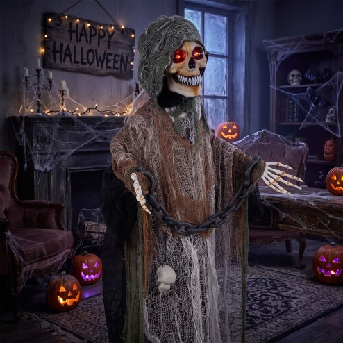HOMCOM 170cm Animated Halloween Grim Reaper, Life-Size Halloween Animatronics with Moving Hands/Head, Glowing Eyes, Creepy Sound, Touch/Sound Activated for Covered Outdoor Yard
