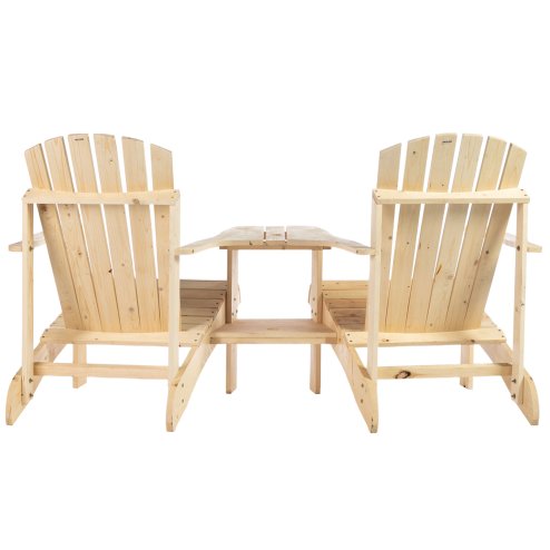 Outsunny Wooden Outdoor Double Adirondack Chairs Loveseat w/ Centre Table and Umbrella Hole, Garden Patio Furniture for Lounging and Relaxing, Natural
