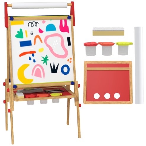 AIYAPLAY Kids Easel, 3 in 1 Art Easel Double Sided Height Adjustable with Paper Roll, Whiteboard, Chalkboard, Painting Accessories, Natural Wood Finish