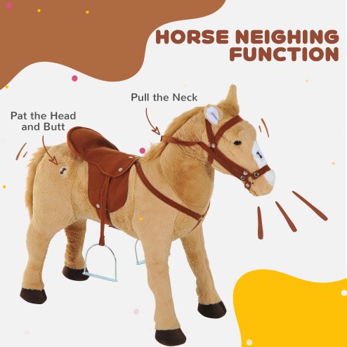 HOMCOM Kids Ride On Standing Horse Cuddly Toy Children Plush Soft Pony Gift w/ Neigh Sound or 3 Years and Up Beige