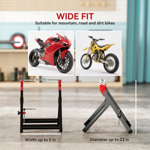 HOMCOM Foldable Motorcycle Wheel Balancer Truing Stand with Spoke Wrench, Steel Bike Tyre Rim Balancing Stand with Aluminium Shaft, Fits Wheels up to 23