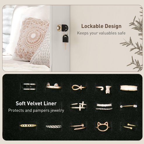 HOMCOM Jewellery Cabinet with LED Lights, Door Hanging or Wall Mounted Full Length Mirror with Storage, Lockable Jewellery Organiser, White Surface and Black Lining