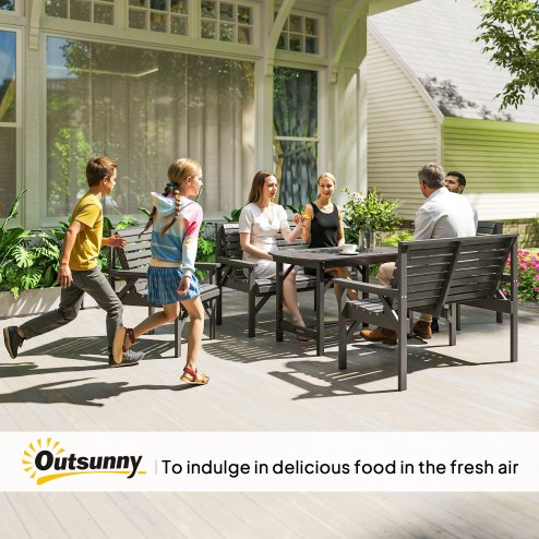 Outsunny 5 Piece Wooden Garden Dining Set for 6, Outdoor Conversation Set with 2 Armchairs, 2 Loveseats and Dining Table with Umbrella Hole for Patio, Balcony, Grey