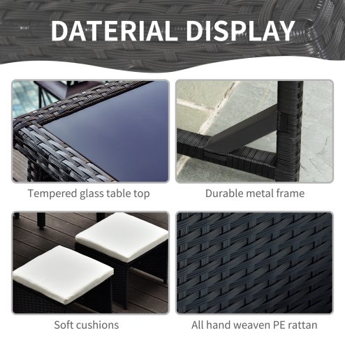 Outsunny 2 Seater Rattan Cube Garden Furniture Set, Rattan Dining Set with Cushions, Outdoor Dining Table and Chairs with 2 Armchairs, 2 Stools, Rectangular Glass Top Table for Patio, Balcony