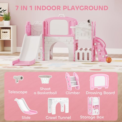 AIYAPLAY 7 in 1 Toddler Slide Set with Basketball Hoop, Outdoor & Indoor Frog Theme Playset with Climbing Frame, Telescope, Drawing Board, Storage Box for Toddlers Ages 1-3, Pink