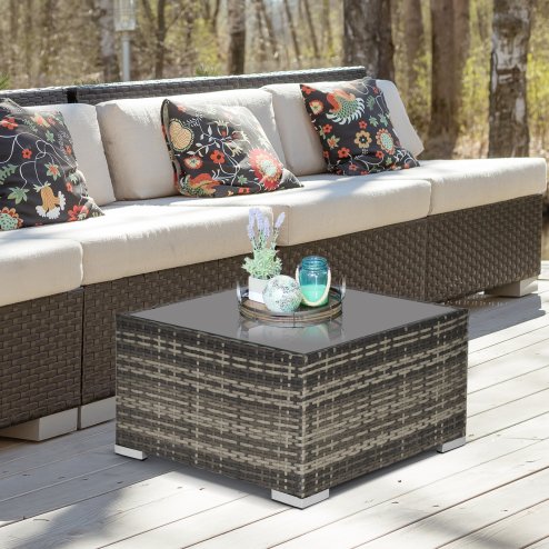 Outsunny Rattan Garden Coffee Table, 65 cm Square Garden Rattan Table with Tempered Glass Top, All-Weather Wicker Bistro Outdoor Furniture for Patio, Balcony, Porch, Deep Grey