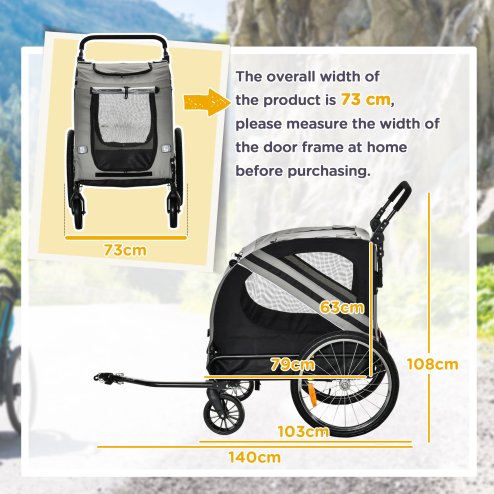 PawHut Dog Bike Trailer, 2 in 1Foldable Pet Stroller with Hitch Coupler, Reflectors, Quick Release Wheels, Flag, for Medium Dogs, Grey