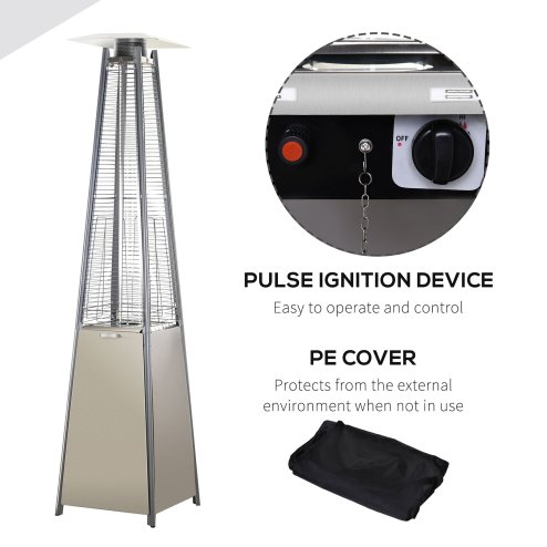 Outsunny 10.5KW Propane Patio Heater Freestanding Pyramid Gas Outdoor Tower Heater Warmer with Wheels, Rain Cover, Regulator and Hose - Silver