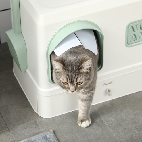 PawHut Cat Litter Box with Drawer Pan, Hooded Cat Litter Tray with Scoop, Deodorants, Front Entrance, 50 x 40 x 40cm - White