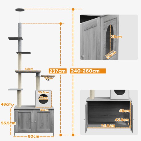PawHut Cat Tree with Hidden Litter Box, 2-in-1 Floor-to-Ceiling Cat Litter Box Furniture with Cat House, Bed, Hammock, Scratching Posts and Platforms for Indoor Use - Grey