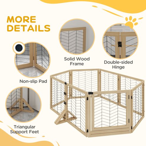 PawHut Freestanding Pet Gate, 8 Panels Dog Playpen, Foldable Dog Barrier with 2 Pcs Support Feet, for House, Doorway, Stairs, Small and Medium Dogs - Natural Wood