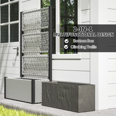 Outsunny Garden Planter Box with Trellis, Liner, Rattan Raised Bed, Trough Planter with Topped Trellis for Climbing Plants, Vegetables, Flowers, 90 x 35 x 148 cm, Mixed-grey