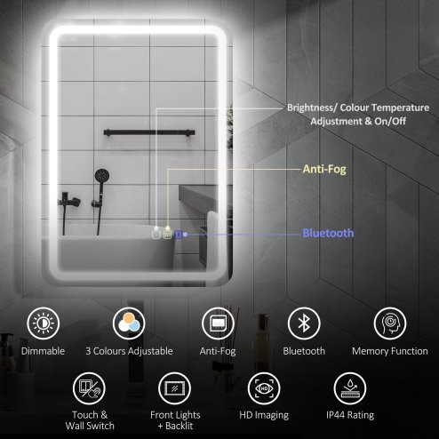 HOMCOM Bluetooth Bathroom Mirror with LED Lights, Illuminated Backlit Wall Mounted Vanity Mirror with 3 Colours Dimmable, Clock, Anti-Fog, Memory & Touch Switch, IP44