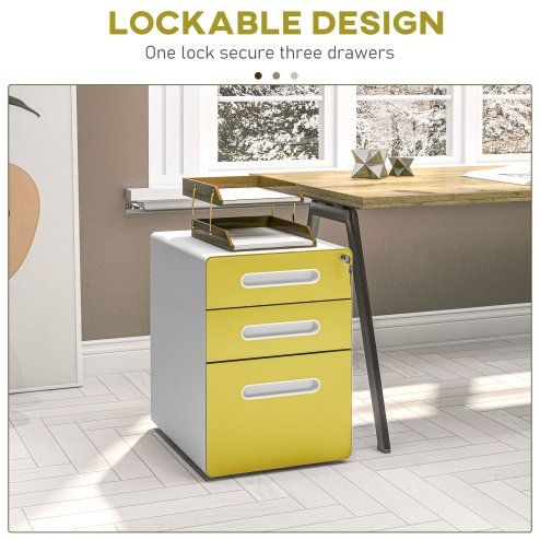 Vinsetto Lockable File Cabinet with 3 Drawers, Vertical Office Drawer for A4, Letter, Legal Size, Anti-tilt Design, Pre-Assembled Body, Yellow