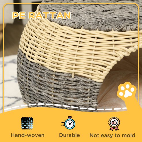 PawHut Wicker Cat House, Rattan Raised Cat Bed, Cosy Kitten Cave with Soft Washable Cushion, 40 x 30cm