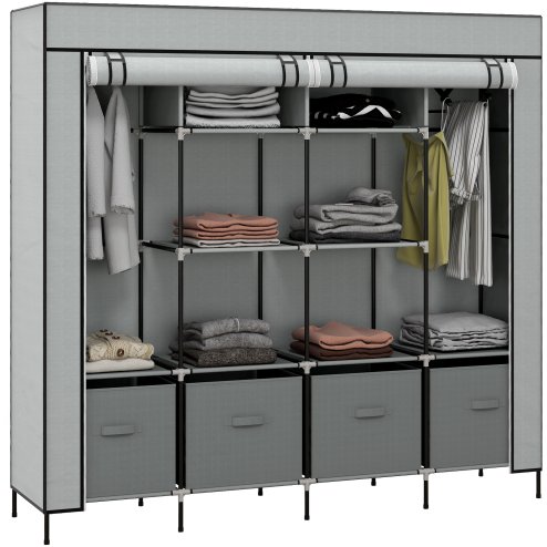 HOMCOM Fabric Wardrobe for Bedroom, Portable Cloth Wardrobe with 10 Compartments, 2 Hanging Rails and 4 Fabric Drawers, 166 x 42.5 x 169.5cm, Dark Grey