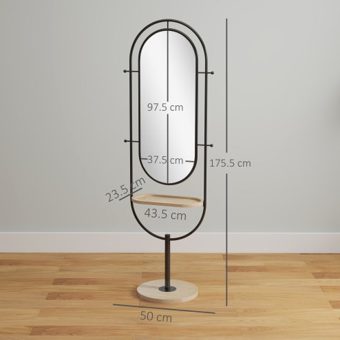 HOMCOM Full Length Mirror, Oval Free Standing Mirror with Wooden Tray, 4 Hooks and Metal Frame for Living Room, Bedroom, Cloakroom, Black