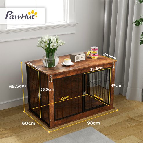 PawHut Dog Crate Furniture, Dog Cage End Table with Openable Top, Two Lockable Doors, for Large Pets, 98 x 60 x 65.5cm, Rustic Brown