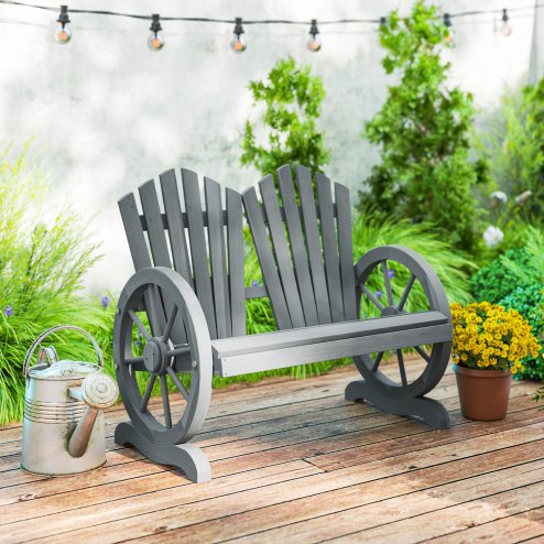 Outsunny 2 Seater Garden Bench, Comfortable Fir Wood Love Chair with Wagon Wheel-Shaped Armrests, Outdoor Adirondack Wooden Loveseats, Grey