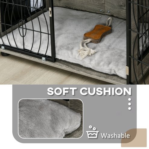 PawHut Dog Crate Furniture, Dog Cage End Table with Large Top, Soft Washable Cushion, Lockable Front Door, Wire Mesh Ventilation, Indoor Pet Crate for Medium Sized, 80 x 56 x 63cm - Grey wood effect