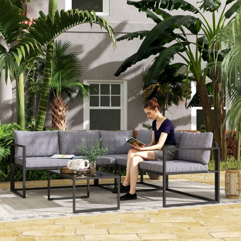 Outsunny 3 Piece L Shaped Garden Furniture Set with Cushions, Garden Corner Sofa Set with 3-Seater Sofa, Loveseat and Tempered Glass Top Table for Outdoor, Grey