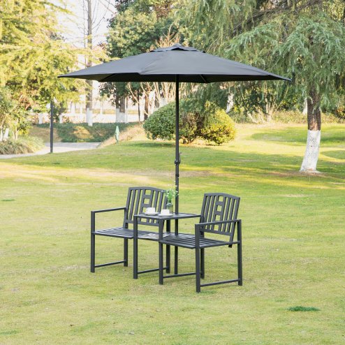 Outsunny Patio Tete-a-tete Chair 2 Seat Bench Middle Coffee Table w/ Umbrella Hole for Outdoors Decorative Slatted Design Steel Frame Black