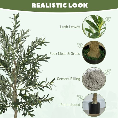 HOMCOM Set of 2 6ft/ 180cm Decorative Artificial Plant, Silk Olive Tree with 900 Leaves and 40 Olive Fruits in Pot, Fake Plant for Home, Office, Living Room, Indoor Decor