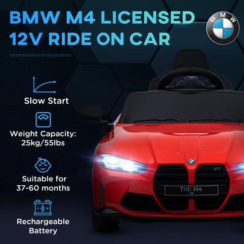 AIYAPLAY BMW M4 Licensed Electric Car for Kids, 12V Kids Electric Ride on with Remote Control, Suspension, Music, Horn, LED Lights, for Ages 3-5 Years, Red