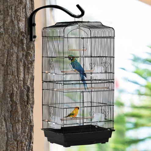 PawHut Bird Cage with Perches, Food Bowls, Swing, Parrot Cage for Budgie, Parakeet, Small Bird, 46.5 x 35.5 x 92cm, Black